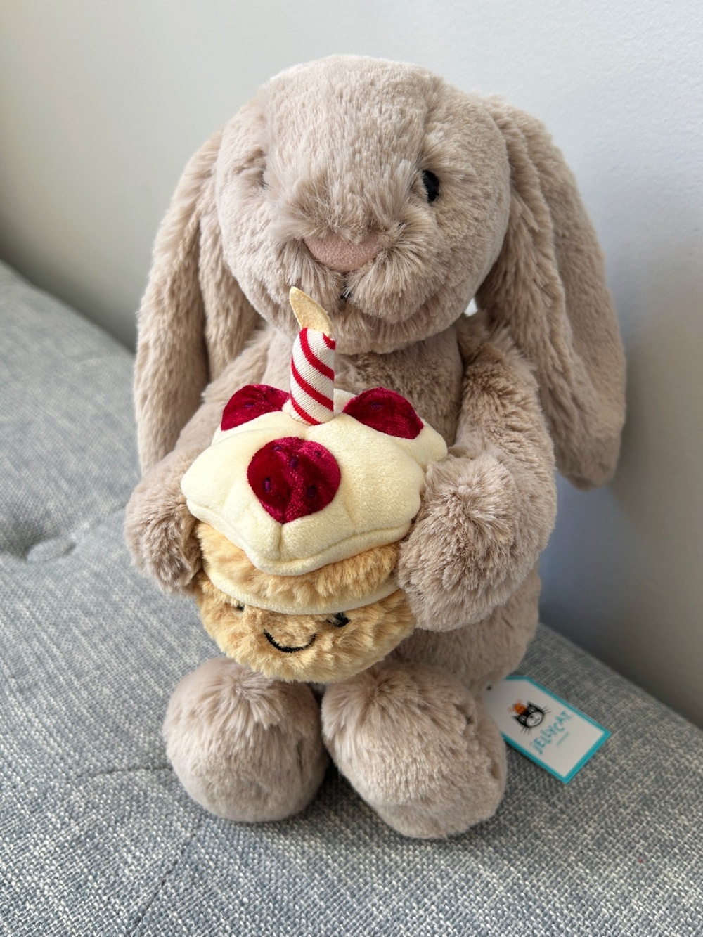Authentic Jellycat Beige Bashful Bunny with Birthday Pancake Plush- Brand New